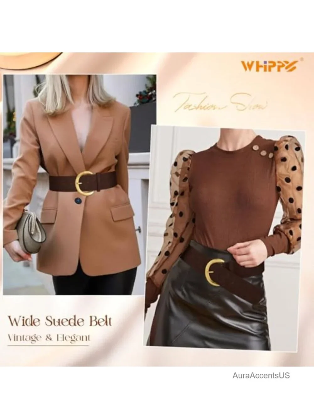Wide Faux Suede Leather Belt with Gold Buckle for Women